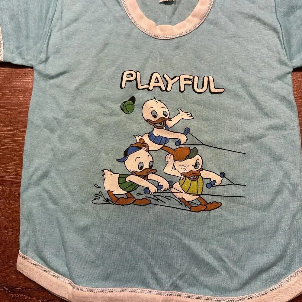 Vintage 60s Ringer T Shirt Youth S Blue Short Sleeve Duck Cartoon Playful VTG